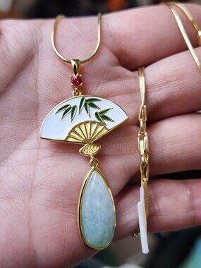 NWT VTG Natural Jadeite & Genuine Ruby Fan Necklace | 18K Gold Vermeil